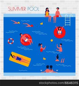Summer pool with people and inflatable things. Rubber mattresses, red lifebuoys and people in swimwear inside big pool cartoon vector illustration.. Summer Pool with People and Inflatable Things