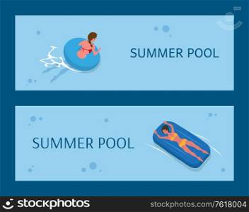 Summer pool, woman sunbathing on rubber circle, female relaxing on inflatable circle in water, aqua activity. Portrait and back view of people vector. Aqua Activity, Women Relaxing in Summer Pool Vector
