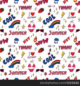 Summer pop art seamless pattern in cartoon style with decoration element such strawberry, rainbow, bikini, sunglasses, icecream etc. on white background. Seamless vector texture.. Summer pop art seamless pattern