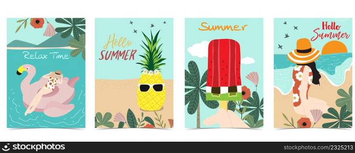 Summer postcard with women,flower,beach,tree,pineapple,ice cream and leaf