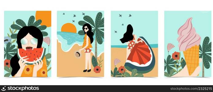 Summer postcard with women,flower,beach,tree,watermelon,ice cream and leaf