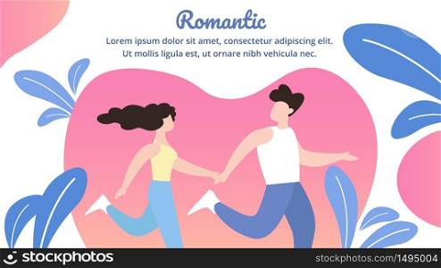Summer Poster is Written Romantic Cartoon Flat. Banner Weekend Sport for Romantic Couple. Man and Woman in Sportswear are Running against Background Big Heart. Vector Illustration.