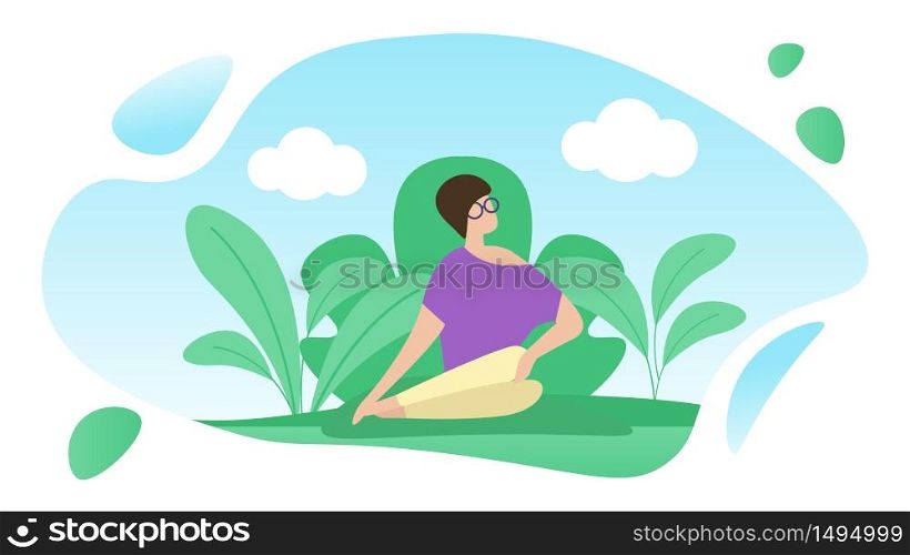 Summer Poster Rest after Work in Nature Cartoon. Happy Girl in Casual Clothes Sitting on Grass. Young Woman in Spectacle is Resting in Nature alone against Background Grass and Sky.