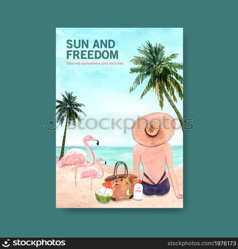 Summer poster template design for holiday and summer travel watercolor illustration