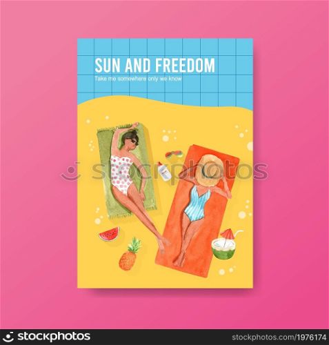 Summer poster template design for holiday and summer travel watercolor illustration
