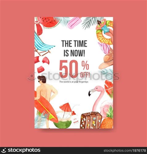 Summer poster template design for holiday and summer travel watercolor illustration