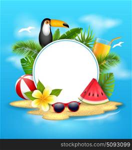 Summer Poster with Toucan Bird, Watermelon, Sea, Island, Beach, Orange Cocktail,. Summer Poster with Toucan Bird, Watermelon, Sea, Island, Beach, Orange Cocktail, Palm Leaves - Illustration Vector