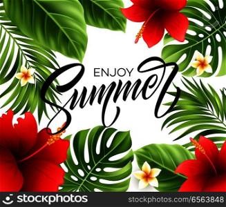 Summer poster with tropical palm leaf and handwriting lettering. Vector illustration EPS10. Summer poster with tropical palm leaf and handwriting lettering. Vector illustration