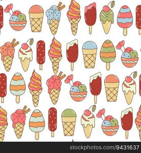 Summer print icecream. Hand drawn milk frozen dessert set. Seamless pattern ice cream, popsicle, in waffle cone and cup. Background for textile, packaging, product design, vector illustration. Summer print icecream vector illustration