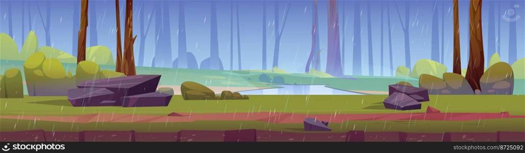Summer rain in forest cartoon illustration. Panoramic scene of rainfall in wood with many trees, green grass and bushes, water puddles and footpath. D&weather. Natural park landscape vector design. Summer rain in forest cartoon illustration