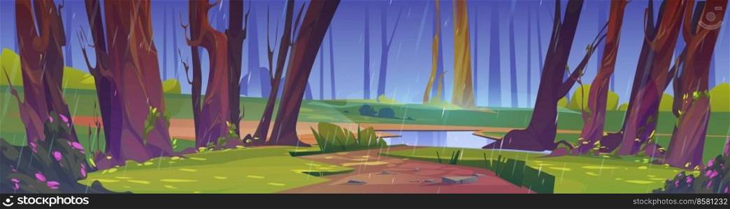 Summer rain in forest wild nature landscape. Cartoon background with trees, puddle and bushes on green field under water shower falling from dull grey sky. Storm at wild woodland, Vector illustration. Summer rain in forest wild nature landscape scene