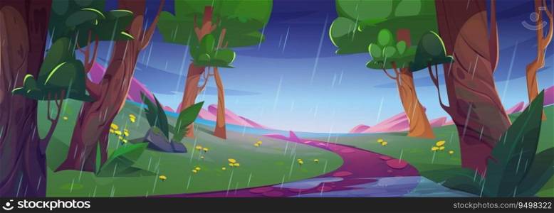 Summer rain in green forest. Vector cartoon illustration of rainy day in woodland with footpath running between trees, water puddles on ground, flowers on hill, lake on horizon. Natural background. Summer rain in green forest
