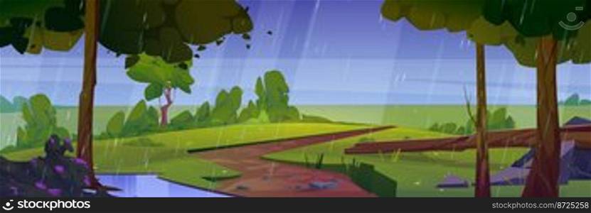 Summer rain wild nature landscape. Cartoon background with dirt road, wet trees, bushes and puddle on green field under water shower fall from dull sky. Storm at park or woodland Vector illustration. Summer rain wild nature cartoon rainy landscape