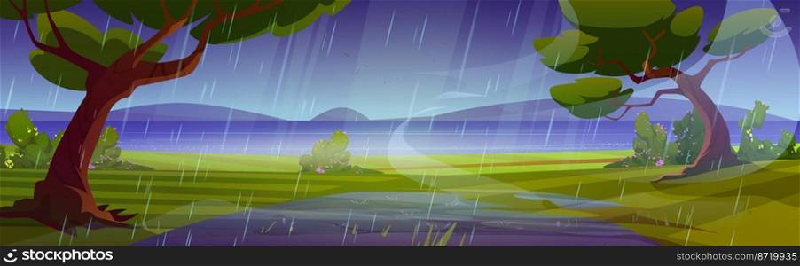 Summer rain wild nature landscape. Cartoon background with green forest trees, lake, puddles and bushes on field under water shower falling from dull grey sky. Storm at wild land, Vector illustration. Summer rain nature landscape. Cartoon background