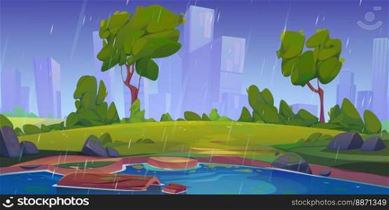 Summer rainy park with lake in big city. Cartoon vector illustration of beautiful public garden landscape with river, green grass and trees, modern building silhouettes in background under blue sky. Summer rainy park with lake in big city