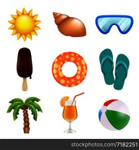 Summer realistic icons. Travel and summer holidays symbols. Rubber ball and cocktail, shell and tropical sun. Vector illustration. Summer realistic icons. Travel and summer holidays symbols