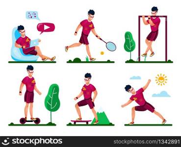 Summer Recreation, Fitness Training, Healthy Lifestyle Various Activities Trendy Flat Vector Concepts Set. Man in Sportswear Stretching, Doing Pull-Ups, Playing Tennis, Riding Skateboard Illustration