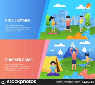Summer Recreation for Kids Header Banners Set. Cartoon Happy Children Have Fun, Rest, Spend Joyful Time in City Park and Campground in Mountains Valley. Vector Flat Illustration with Editable Ad Text. Summer Recreation for Kids Header Banners Set