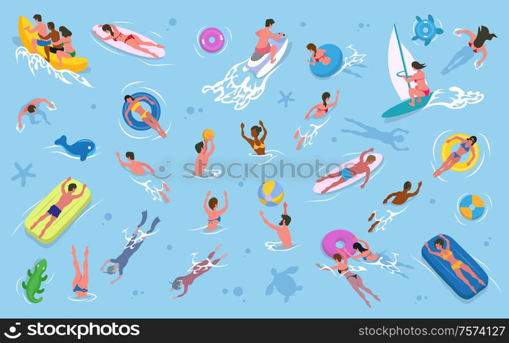 Summer recreation, men and women swimming in water vector. Girls and guys in swimsuits, inflatable mattress and rings, surfboard and sailboard, waterbike. Men and Women Swimming in Water, Summer Recreation