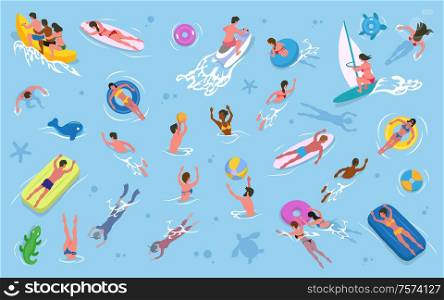 Summer recreation, men and women swimming in water vector. Girls and guys in swimsuits, inflatable mattress and rings, surfboard and sailboard, waterbike. Men and Women Swimming in Water, Summer Recreation