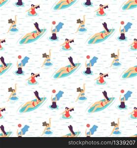 Summer Recreation Party Time Plus Size Girl Motivation Seamless Repeat Pattern Vector Cartoon Illustration Active Woman Characters Swimming in Pool or Sea Lying on Surfboard Doing Water Exercise. Summer Recreation Girl Motivation Seamless Pattern