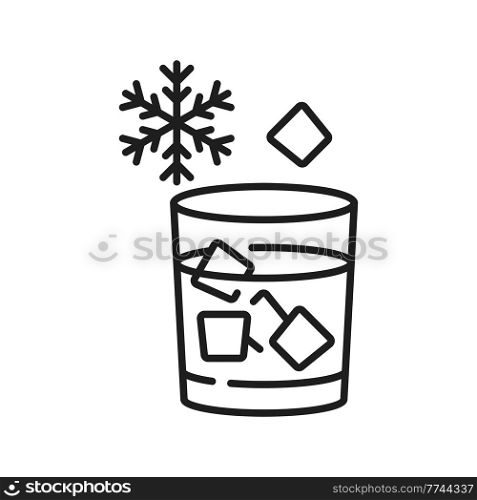 Summer refreshing drink, cold water in glass with ice cubes, snowflakes sign. Vector cocktail sign, froze liquid in fridge, beverage with ice cubes, juice or alcohol drink in cup, thin line outline. Glass with cold water and ice cubes outline sign