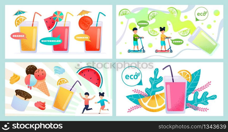 Summer Refreshing Food and Drinks Flat Banner Set. Cartoon Happy Smiling Kids Running, Scooting. Fruit Fresh Juice and Lemonade, Cupcakes and Ice Cream. Eco Products for Children. Vector Illustration. Summer Refreshing Food and Drinks Flat Banner Set