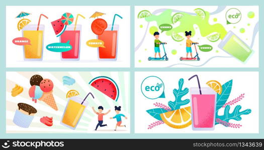 Summer Refreshing Food and Drinks Flat Banner Set. Cartoon Happy Smiling Kids Running, Scooting. Fruit Fresh Juice and Lemonade, Cupcakes and Ice Cream. Eco Products for Children. Vector Illustration. Summer Refreshing Food and Drinks Flat Banner Set