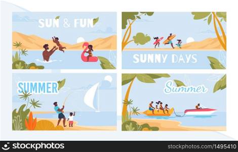 Summer Resort on Tropical Seacoast Advertising Poster Set. Cartoon Happy People Characters Rest and Having Fun on Beach. Fishing, Swimming on Banana-Boat, Surfing. Vector Flat Illustration. Summer Resort on Tropical Seacoast Ad Poster Set