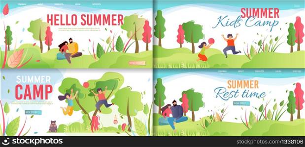 Summer Rest and Kids Camp Cartoon. Flat Banner Template Set. Vector People Relaxing, Enjoying Summertime and Vacation. Children and Camping. Man and Woman Resting on Nature. Vector Illustration. Summer Rest and Camp Cartoon Banner Template Set