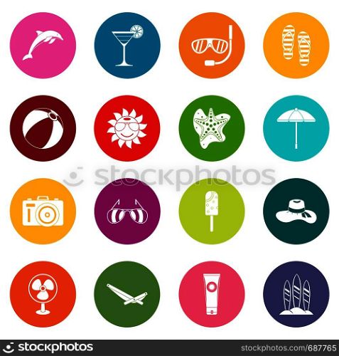 Summer rest icons many colors set isolated on white for digital marketing. Summer rest icons many colors set