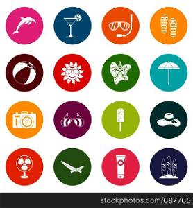 Summer rest icons many colors set isolated on white for digital marketing. Summer rest icons many colors set