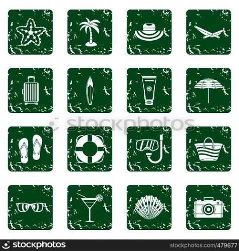 Summer rest icons set in grunge style green isolated vector illustration. Summer rest icons set grunge