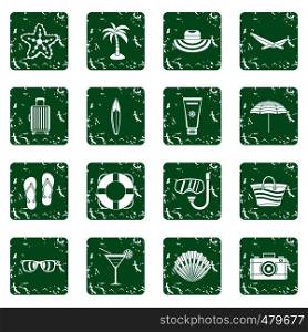 Summer rest icons set in grunge style green isolated vector illustration. Summer rest icons set grunge