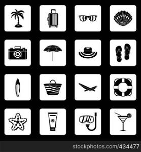 Summer rest icons set in white squares on black background simple style vector illustration. Summer rest icons set squares vector