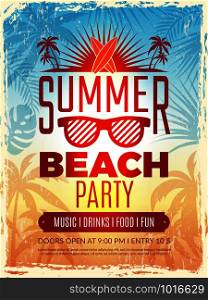 Summer retro poster. Vacation tropical beach summer party invitation retro placard vector template. Summer vacation banner, travel sea party, tour poster illustration. Summer retro poster. Vacation tropical beach summer party invitation retro placard vector template