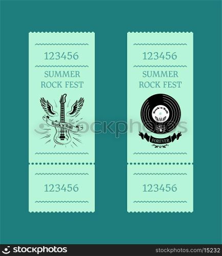 Summer Rock Fest Set of Tickets on Blue-Green. Summer rock fest collection of tickets on blue-green background. Isolated vector illustration of electric guitar with wings and gramophone record
