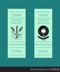 Summer Rock Fest Set of Tickets on Blue-Green. Summer rock fest collection of tickets on blue-green background. Isolated vector illustration of electric guitar with wings and gramophone record