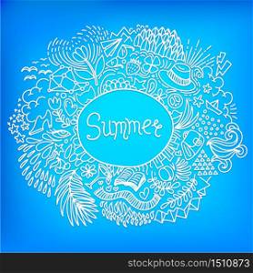 Summer. Round shape doodle frame made of abstract freehand ornament on a bright blue background. Vector illustration. Summer. Round shape doodle frame made of abstract freehand ornament on a bright blue background.