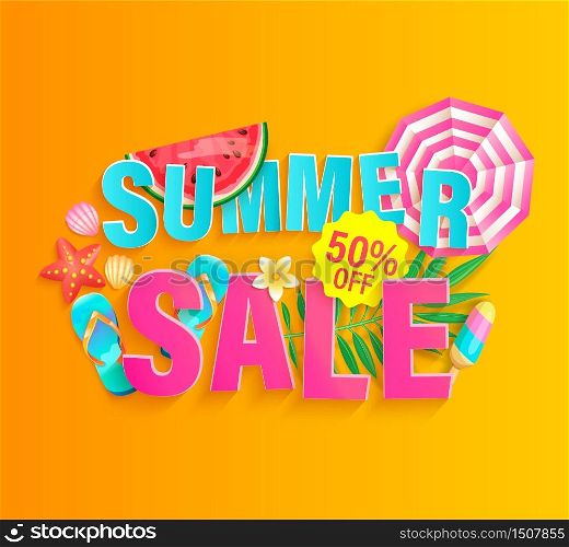 Summer&rsquo;s 2020 hot sale banner. Invitation poster with watermelon, ice cream, sun umbrella, slipers, tropical leaves and promotion with big discounts.Template for design.Vector Illustration.. Summer 2020 hot sale banner.