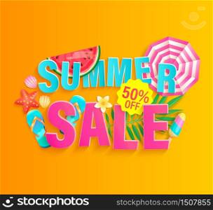 Summer&rsquo;s 2020 hot sale banner. Invitation poster with watermelon, ice cream, sun umbrella, slipers, tropical leaves and promotion with big discounts.Template for design.Vector Illustration.. Summer 2020 hot sale banner.