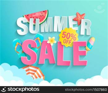 Summer&rsquo;s 2020 sale banner with hot season elements. Invitation poster with watermelon, ice cream and promotion with big discounts above the clouds.Template for design.Vector Illustration.. Summer 2020 sale banner wih hot season elements.