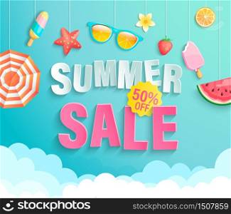 Summer&rsquo;s 2020 sale banner with season elements.Invitation poster with watermelon,ice cream,strawberry and promotion with big discounts hanging above the clouds.Template for design.Vector Illustration.. Summer 2020 sale banner wih hot season elements.