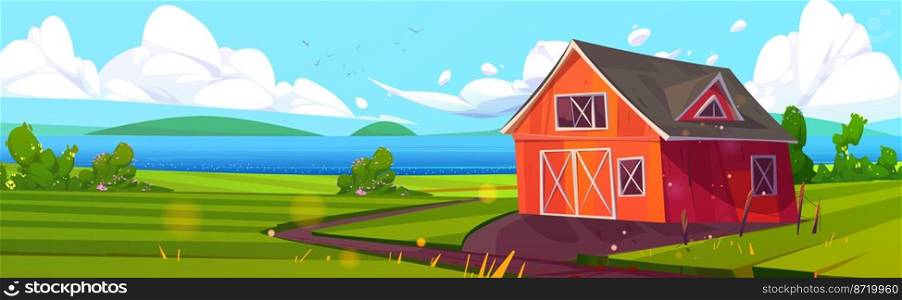 Summer rural scene with green agriculture fields, farm barn and river. Vector cartoon illustration of countryside panorama, farmland landscape with red wooden granary, road, lake and grass. Summer rural scene with field, farm barn and river