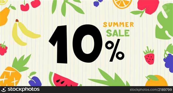 Summer sale. 10 percent. Colorful cutouts fruits and berries. Shape colored cardboard or paper.. Summer sale. 10 percent. Colorful cutouts fruits and berries. Shape colored cardboard or paper