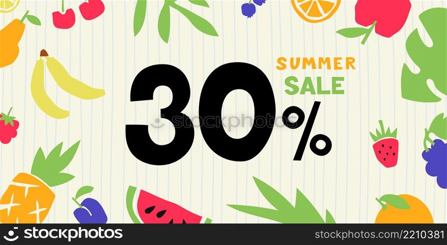 Summer sale. 30 percent. Colorful cutouts fruits and berries. Shape colored cardboard or paper.. Summer sale. 30 percent. Colorful cutouts fruits and berries. Shape colored cardboard or paper