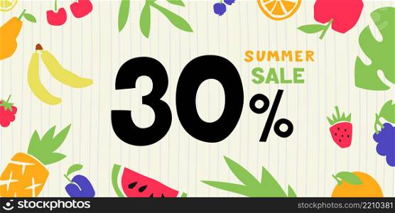 Summer sale. 30 percent. Colorful cutouts fruits and berries. Shape colored cardboard or paper.. Summer sale. 30 percent. Colorful cutouts fruits and berries. Shape colored cardboard or paper