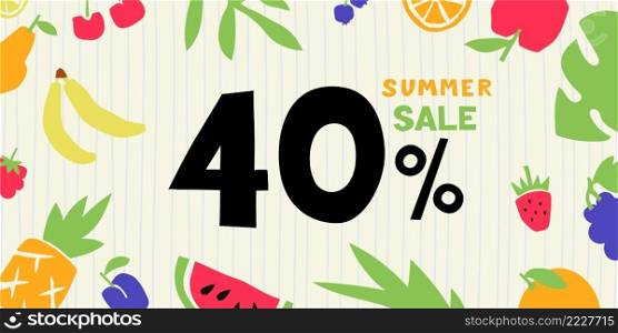 Summer sale. 40 percent. Colorful cutouts fruits and berries. Shape colored cardboard or paper.. Summer sale. 40 percent. Colorful cutouts fruits and berries. Shape colored cardboard or paper