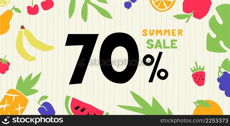 Summer sale. 70 percent. Colorful cutouts fruits and berries. Shape colored cardboard or paper.. Summer sale. 70 percent. Colorful cutouts fruits and berries. Shape colored cardboard or paper