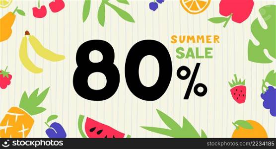 Summer sale. 80 percent. Colorful cutouts fruits and berries. Shape colored cardboard or paper.. Summer sale. 80 percent. Colorful cutouts fruits and berries. Shape colored cardboard or paper